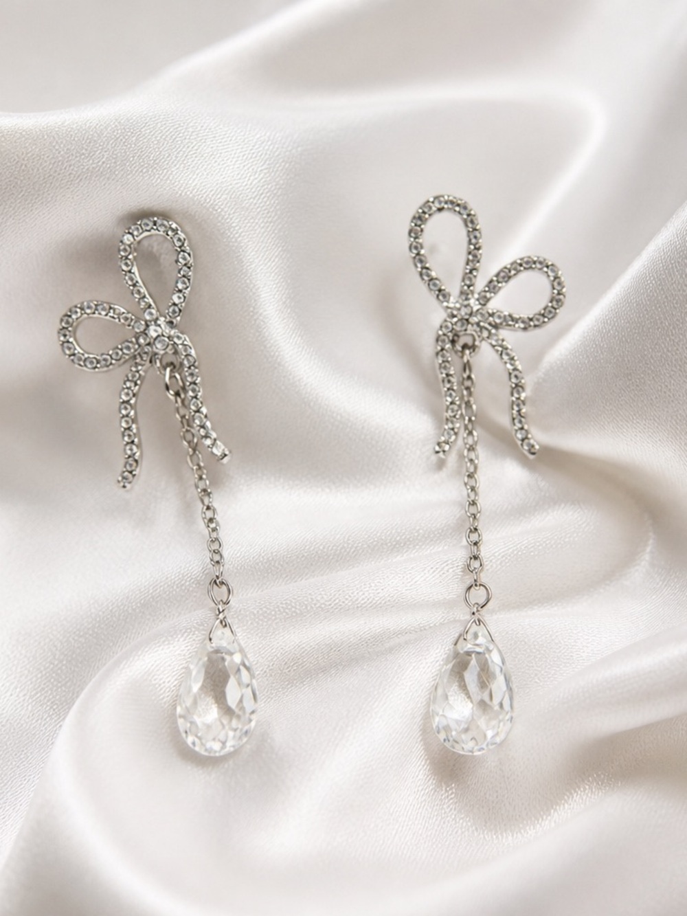 Crystal Bow Drop Earrings in Silver